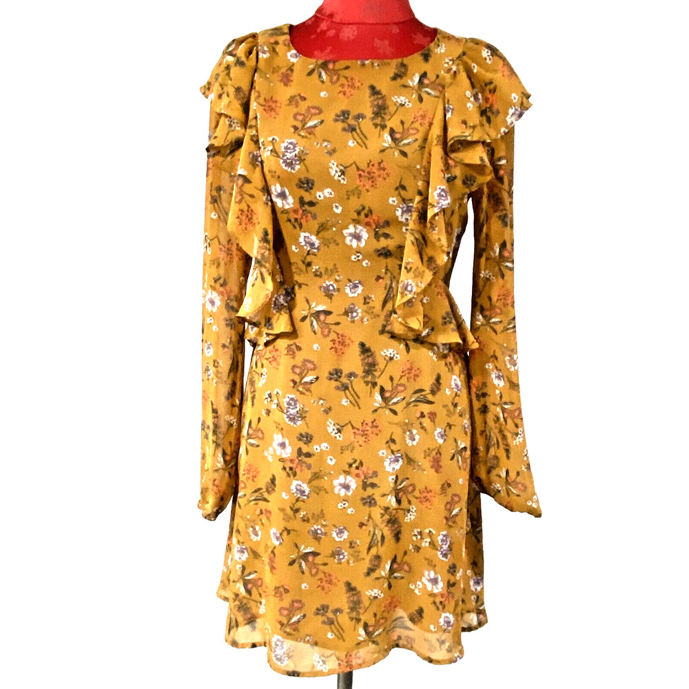 June & Hudson Sz M Mustard Yellow Long Sleeve Floral Mini Dress Peasant Prairie